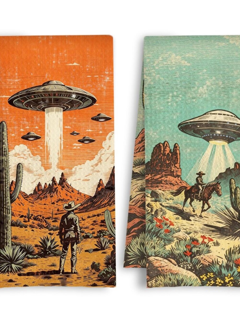 Retro Sci-Fi Cowboy Western Kitchen Towels, Whimsical Western Dish Tea Towels